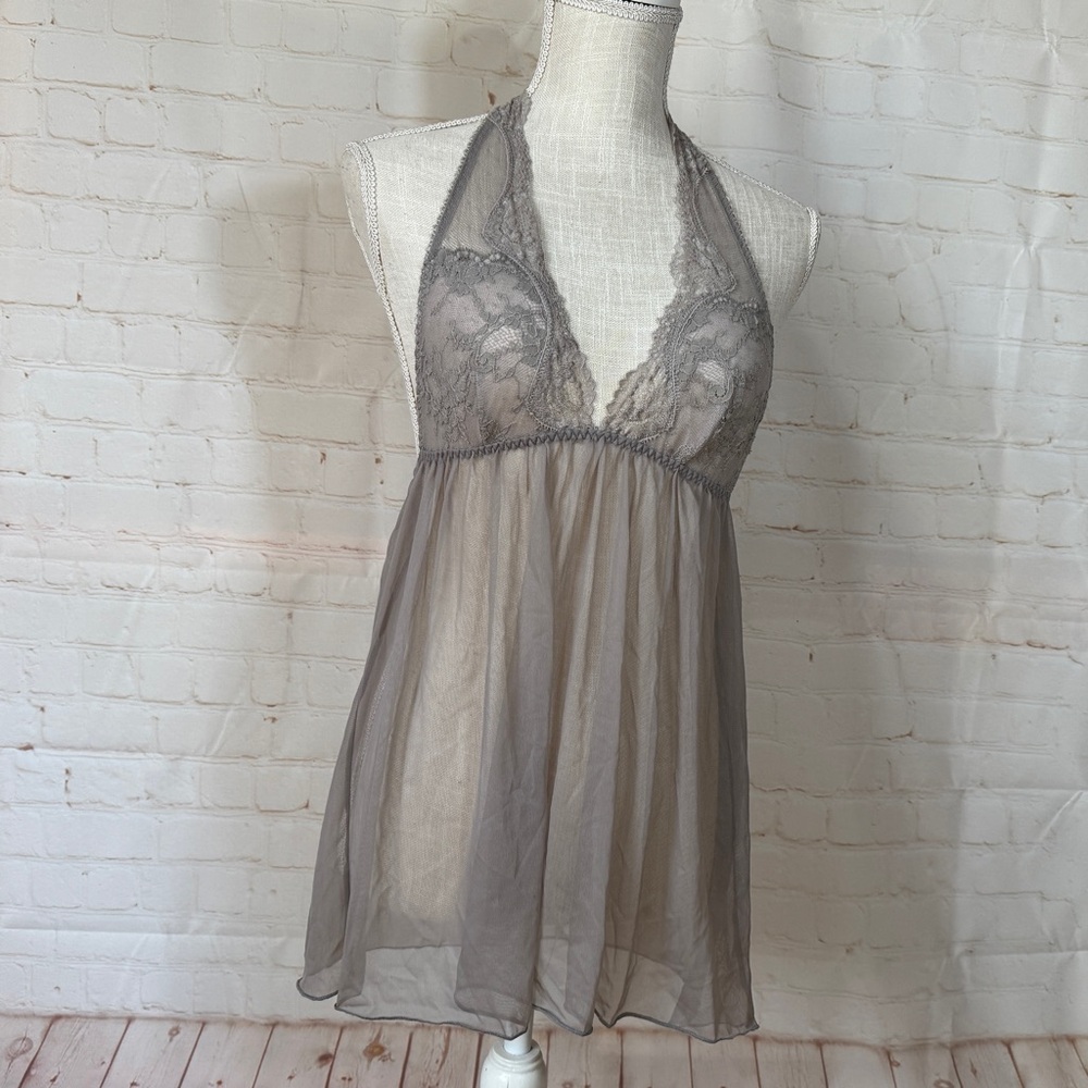 Victoria's Secret Halter Top Gray Sheer Lace Chemise Lingerie Nightie Stretch XS